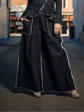 Samuel Dong Stretch Denim Wide-Leg Pants with Contrast Raw Edges